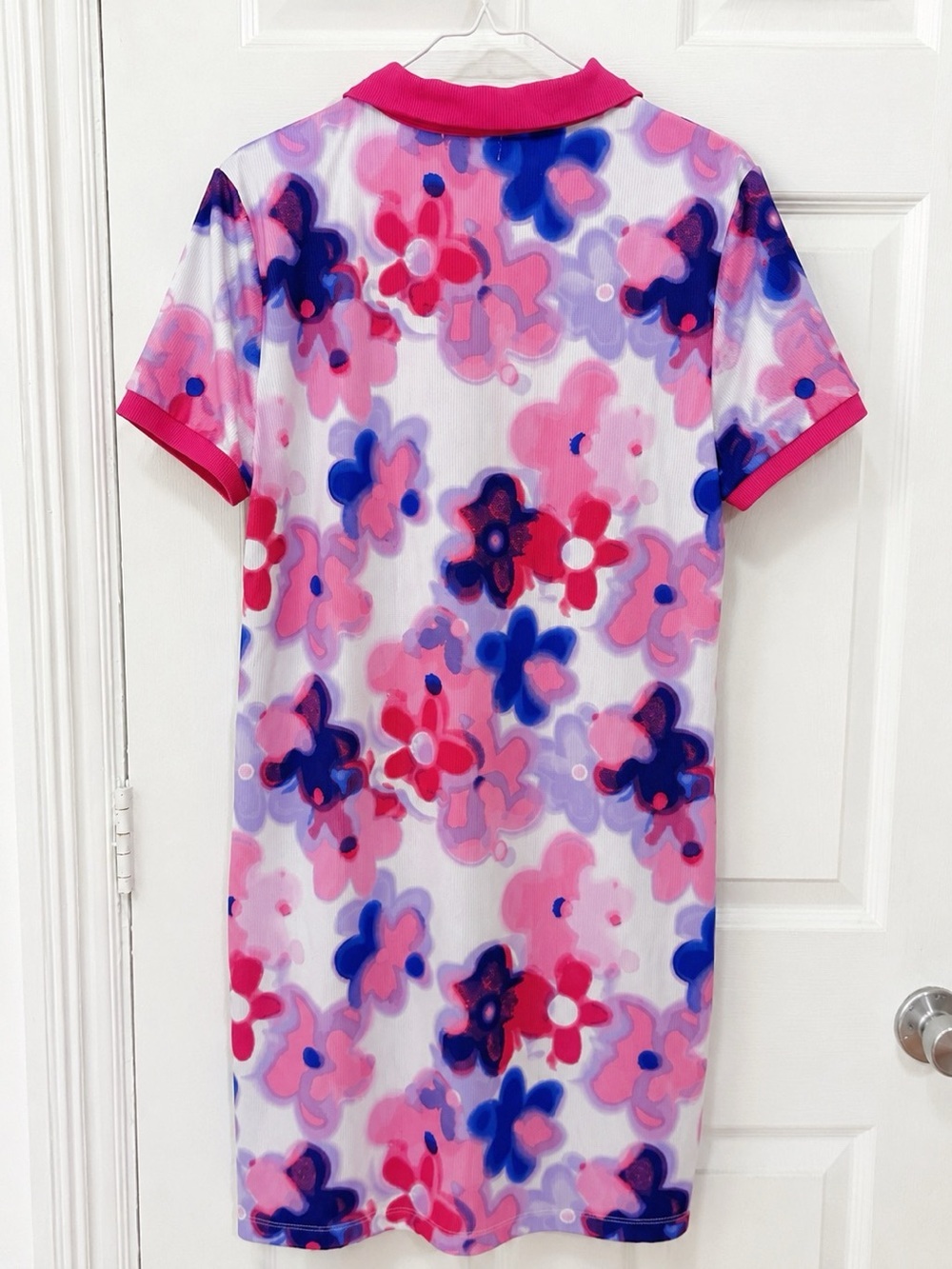 Juicy Couture Floral Polo Dress XL fit L Pink Blue Stretch Ribbed Casual Preppy - Picture 3 of 10